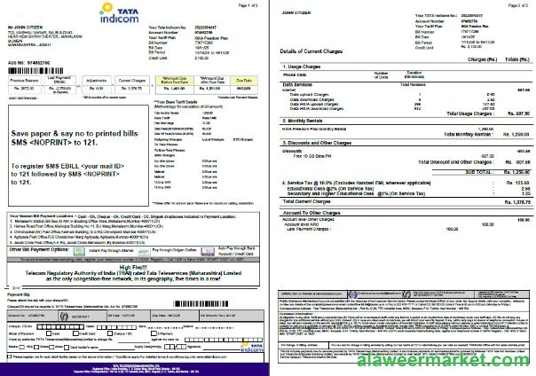 India Tata Indicom utility bill template in Word and PDF formats, 2 pages